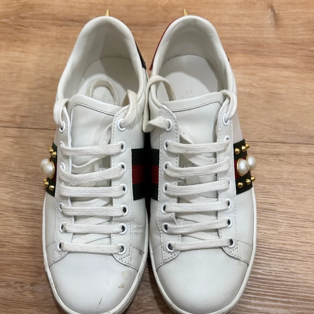 Gucci White Sneakers with Pearl and Stud Details - Picture 1 of 6